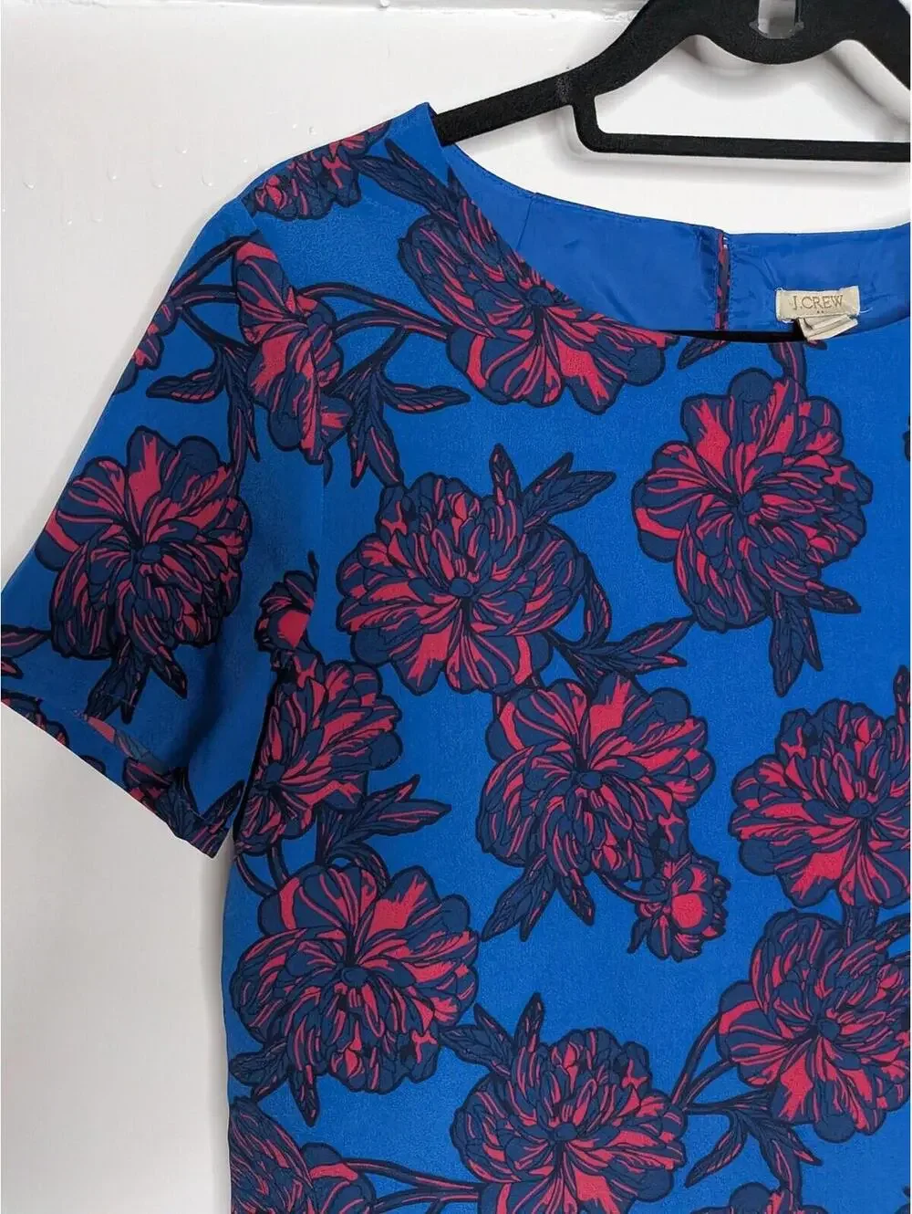 J.Crew Dress Womens 8 Blue Floral Crew Neck Shift Short Sleeve Lined Mini